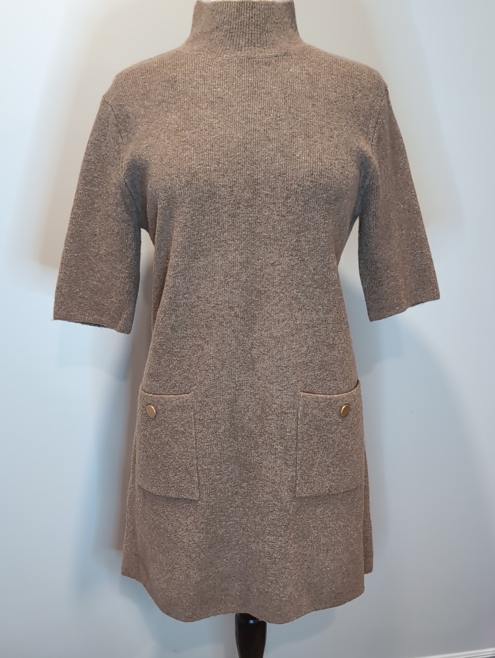 Zara Mock Neck Knit Sweater Dress Tan Large